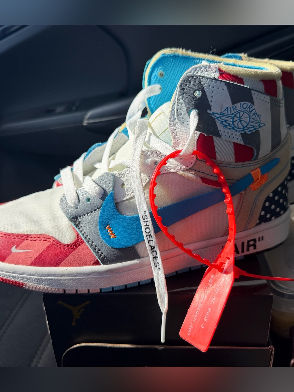 OFF WHITE Nike Air Jordan 1 X PARRA High-Top Sneakers in White, Blue & Red
